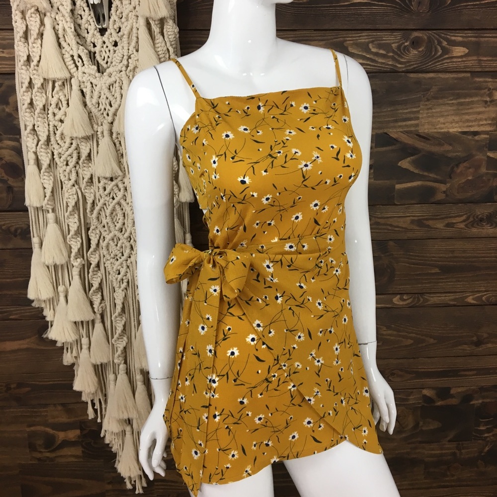 Floral Wrap Open Tie Back Cami Dress Mustard‎ Color